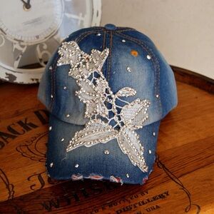 Embellished Denim Cap with Silver Floral Design